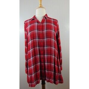 J. Jill Womens Large Red Plaid Button Front Tunic Shirt Long Sleeve Flowy Top